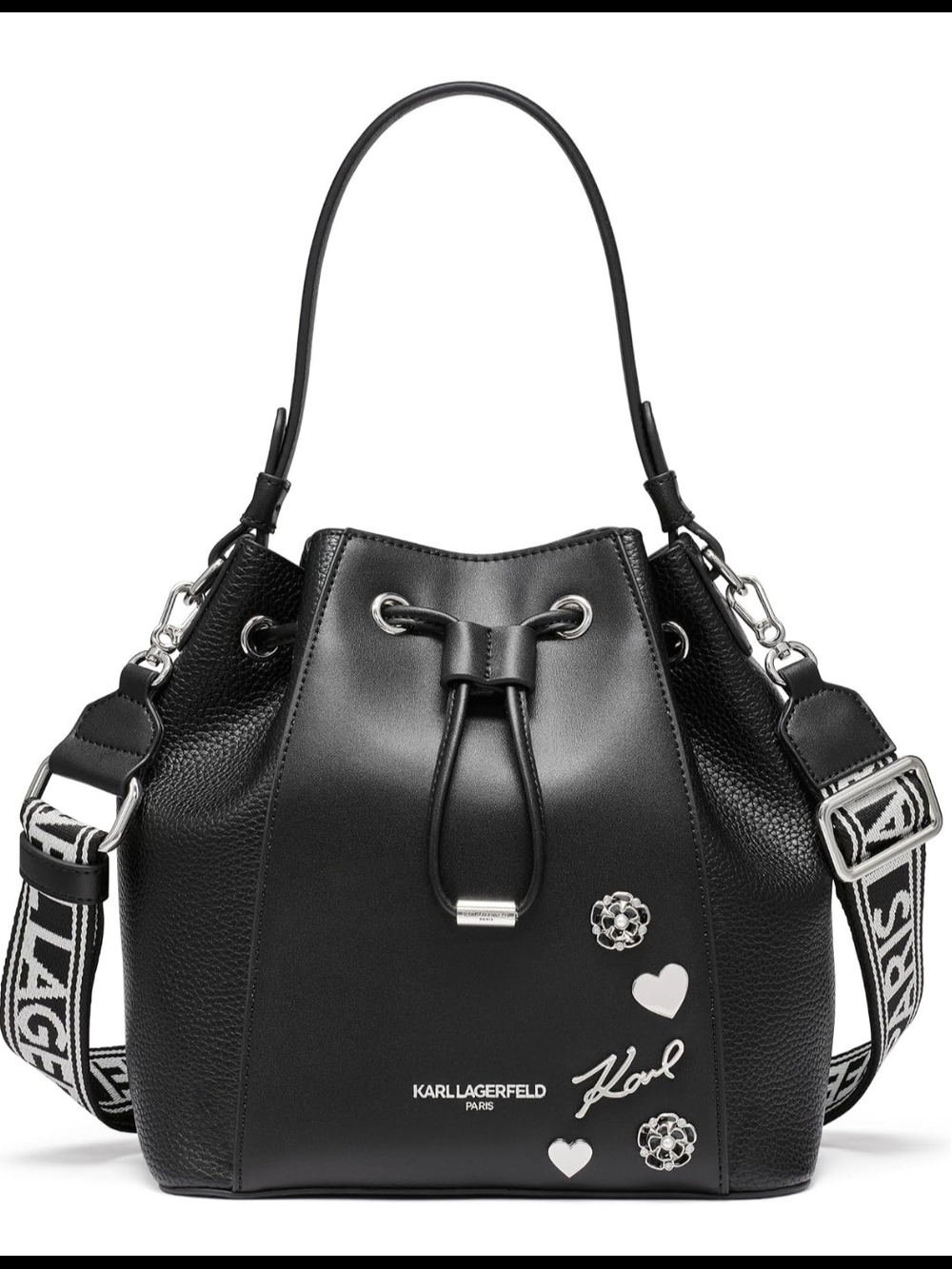 Karl Lagerfeld Black Pebbled Leather Drawstring Bucket Bag - Picture 2 of 9